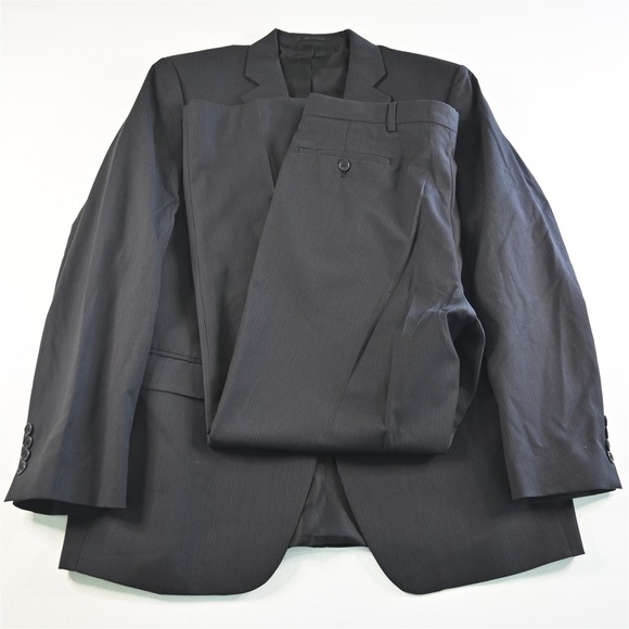 DKNY 42R 36x32 Black‎ Striped 100% Wool Mens Jacket Pants Suit